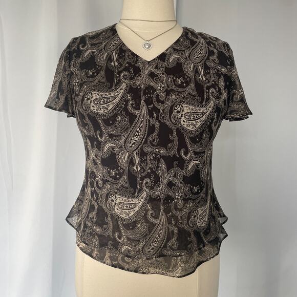Skirt Set Size 14 Black Beige Paisley Flutter Short Sleeve A Line Y2K 2 Piece - Picture 3 of 16